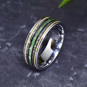 Tungsten Ring with Emerald - Meteorite and Gold Guitar String | Titanium ring | Yellow Gold | Wedding Band