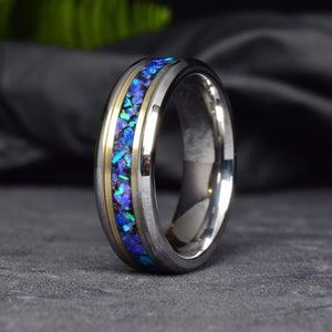 Titanium Ring / Stainless Steel Ring with 14k Yellow Gold - Blue and Purple Opal Mix - Wedding Ring - Galaxy jewellery