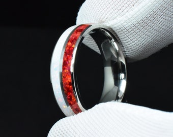 Medical Grade Stainless Steel Wedding Ring or Titanium Ring with Deep Ruby Red and White Opal Inlay - Engraving optional