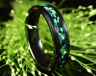 Anillo de compromiso, anillo de promesa, anillo de cerámica negra con obsidiana triturada y ópalo verde, 6 mm