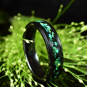 Engagement Ring, Promise Ring, Black Ceramic Ring with Crushed Obsidian and Green Opal, 6 mm