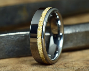 Tungsten Wedding Ring with Crushed Dinosaur Tooth Fossil - Mosasaurus Inlay - Engraving optional