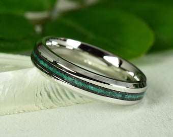 Bague en acier inoxydable avec cristaux d’antimonite broyés et malachite, alliance, bague de promesse, 4 mm