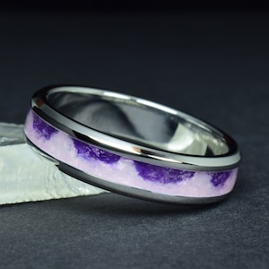Wedding Ring, Stainless Steel Ring with crushed Amethyst and Rose quartz / Pink Opal Band Mix Inlay - Engraved