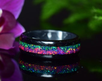 Black Poplar Bentwood with Crushed Orchid Opal and Dark Green Opal on Black Epoxy Core Ring, Wood Ring for Men, Wood Ring for Women