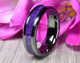 Engagement Ring, Promise Ring - Black Ceramic Band with Crushed High Quality Amethyst Inlay - Engraving 6 mm