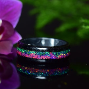 Black Poplar Bentwood with Crushed Orchid Opal and Dark Green Opal on Black Epoxy Core Ring, Wood Ring for Men, Wood Ring for Women