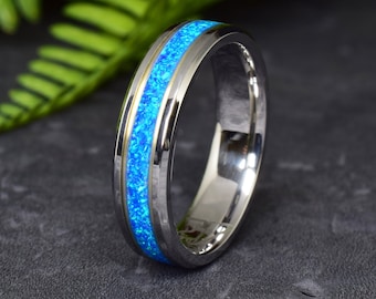 Titanium Ring / Tungsten wedding ring / Stainless Steel Ring with 14k Yellow Gold - Deep Blue Opal, Wedding Ring, Ring for Mens