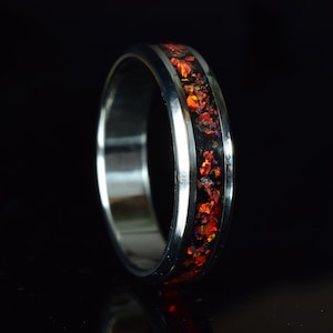 Wedding Ring, Promise Ring, Stainless Steel Ring with Crushed Black Tourmaline and Ruby Red Opal