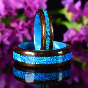 Fumed Eucalyptus with Crushed Ocean Blue Opal on Blue Core Bentwood Ring Set, Wood Ring for Men, Wood Ring for Women