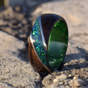 Fumed Eucalyptus with Crushed Dark Green Opal and Stainless Steel on Dark Green Core Bentwood Ring, Wood Ring for Men, Wood Ring image 1