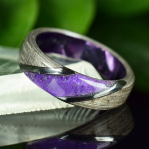 Silver Eucalyptus with Natural Amethyst and Stainless Steel on Purple Inside Ring