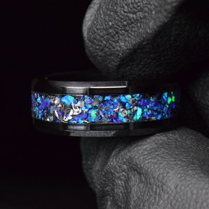 Meteorite, Black Obsidian, Blue-Lavender Opal in Black Ceramic Ring - Engagement Ring, Promise Ring, 8 mm - Tungsten carbide optional