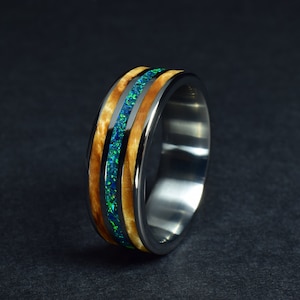 Titanium Ring with Stabilized Karelian Birch Wood and Dark Green Opal, Wedding Ring, Promise Ring- Engraving, 8 mm