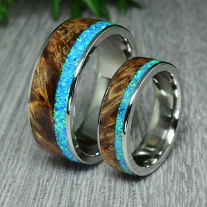 Stainless Steel Wedding Ring Set with Stabilized Karelian Birch Wood and Ocean Blue Opal, Wedding Ring, Promise Ring