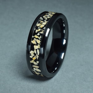 Engagement Ring, Promise Ring, Black Ceramic Band with Crushed Black Tourmaline and Dinosaur Tooth - Engraving, 8 mm
