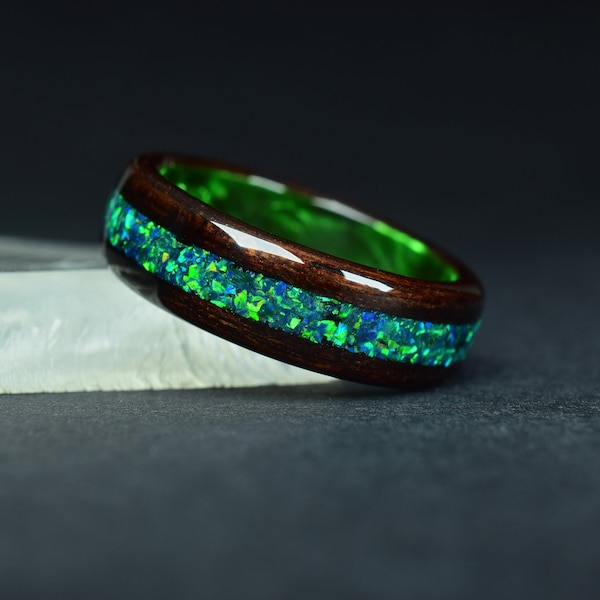 Fumed Etimoe Bentwood with Crushed Dark Green Opal on Green Epoxy Core Bentwood Ring, Wood Ring for Men, Ring for Women