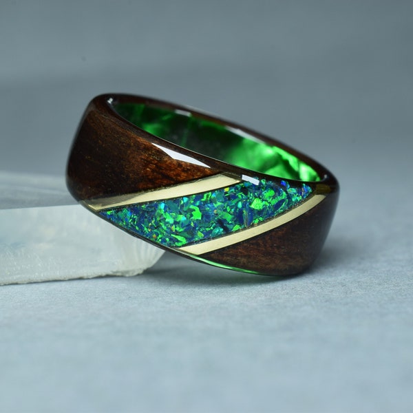 Fumed Eucalyptus with Crushed Dark Green Opal and 14k Gold on Dark Green Core Bentwood Ring, Wood Ring for Men, Wood Ring