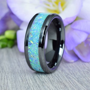 Engagement Ring, Promise Ring, Black Ceramic Ring with Crushed Rainbow Opal, 8 mm