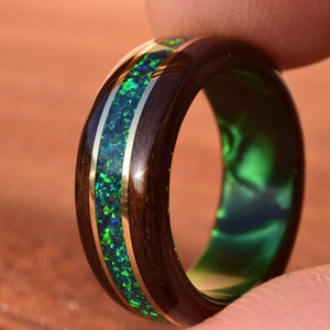 7 mm Fumed Cherry Bentwood with Crushed Dark Green Opal and Yellow Gold on Green Epoxy Core Bentwood Ring, Wood Ring for Men, Ring for Women