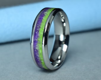 Titanium Wedding Ring, Medical Grade Stainless Steel ring with crushed Natural Peridot and Amethyst Inlay, Engraving Optional