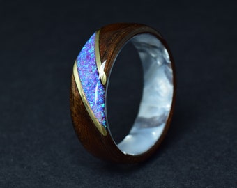 Fumed Eucalyptus with Crushed Lavender Opal and Brass on White Epoxy Core Bentwood Ring, Wood Ring for Men, Wood Ring for Women