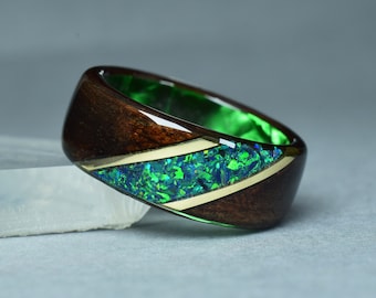 Fumed Eucalyptus with Crushed Dark Green Opal and 14k Gold on Dark Green Core Bentwood Ring, Wood Ring for Men, Wood Ring