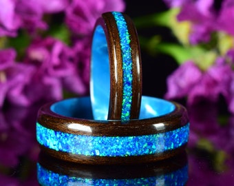 Fumed Eucalyptus with Crushed Ocean Blue Opal on Blue Core Bentwood Ring Set, Wood Ring for Men, Wood Ring for Women
