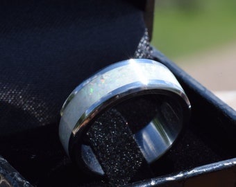 Wedding Ring, Stainless Steel Ring with Crushed White Opal