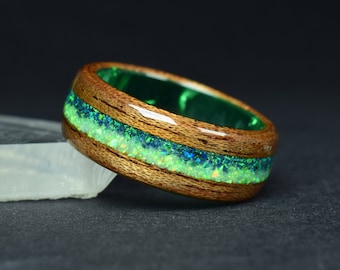 Mahogany Wood Band with Crushed Green and Dark Green Opal on Green Epoxy Bentwood Ring - Wood Ring for Men, Wood Ring for Women