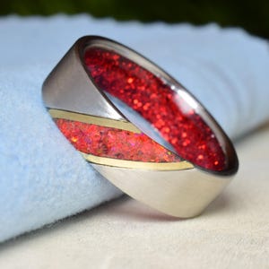 Titanium Wedding Ring for Mens and Womens with Ruby Red Opal, 14k Yellow Gold and Red Inside