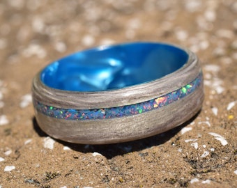 Silver Eucalyptus Bentwood with Crushed Sky Blue Opal on Blue Epoxy Core Ring, Wood Ring for Men, Wood Ring for Women