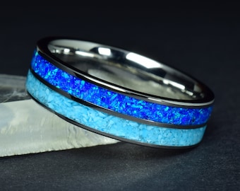 Medical Grade Stainless Steel Wedding Ring with Natural Turquoise and Deep Blue Opal Inlay - Engraving optional