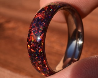 Wedding Ring, Promise Ring with Black Opal, Ruby red Opal and Natural Ruby with Titanium Core Ring