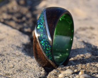 Fumed Eucalyptus with Crushed Dark Green Opal and Stainless Steel on Dark Green Core Bentwood Ring, Wood Ring for Men, Wood Ring