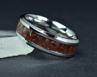 Titanium Wedding Ring with Crushed Dinosaur Bone Fossil - Mosasaurus Bone Inlay - Engraving optional