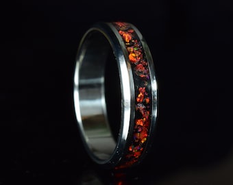 Wedding Ring, Promise Ring, Stainless Steel Ring with Crushed Black Tourmaline and Ruby Red Opal