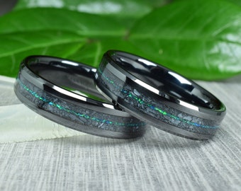 Black Ceramic Wedding Ring Set with Crushed Natural Antimony, Blue and Green Opal