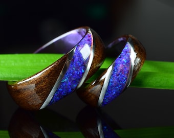 Fumed Eucalyptus with Crushed Lavender Opal and Stainless Steel on Purple Core Bentwood Ring Set, Wood Ring for Men, Wood Ring for Women