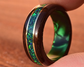7 mm Fumed Cherry Bentwood with Crushed Dark Green Opal and Yellow Gold on Green Epoxy Core Bentwood Ring, Wood Ring for Men, Ring for Women