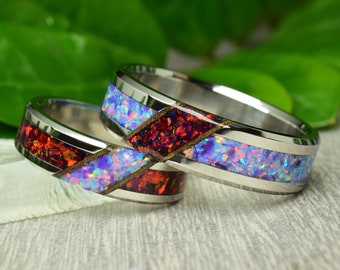 Stainless Steel Wedding Ring Set with Crushed Blue and Black Opal Mix