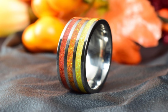Autumn Vibe Ring Titanium Wedding Ring or Stainless Steel Ring with crushed Red Orange and Yellow Opal Inlay Engraving Optional Etsy