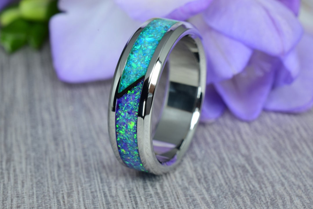 Wedding Ring, Stainless Steel Ring With Crushed Turquoise Opal and