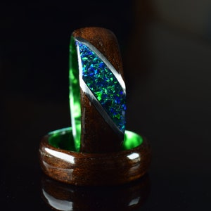 Fumed Eucalyptus with Crushed Dark Green Opal and Stainless Steel on Dark Green Core Bentwood Ring, Wood Ring for Men, Wood Ring image 3