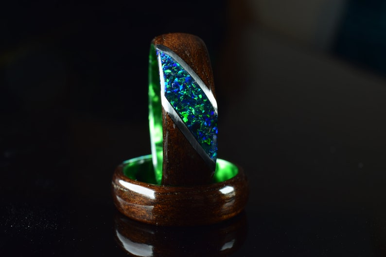 Fumed Eucalyptus with Crushed Dark Green Opal and Stainless Steel on Dark Green Core Bentwood Ring, Wood Ring for Men, Wood Ring image 3