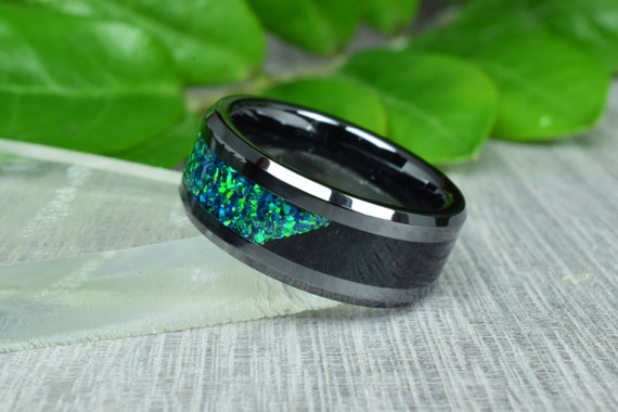 8 Mm Black Ceramic Ring With Crushed Black Obsidian and Dark Green