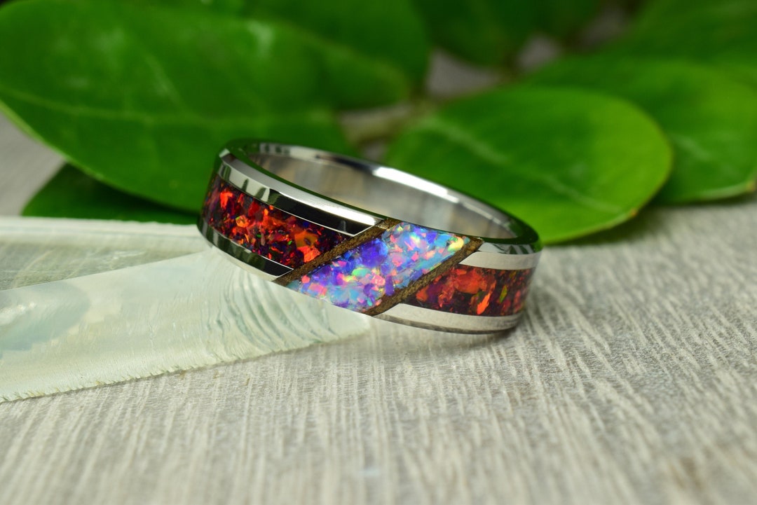 Stainless Steel Ring with Crushed Blue and Black Opal Mix 6 - Etsy 日本