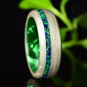 Silver Eucalyptus Wood | Bentwood ring | Crushed Dark Green Opal | Green Epoxy Core | Wood Ring for Men | Wood Ring for Women
