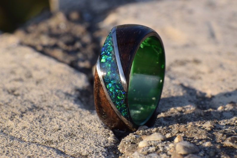 Fumed Eucalyptus with Crushed Dark Green Opal and Stainless Steel on Dark Green Core Bentwood Ring, Wood Ring for Men, Wood Ring image 1