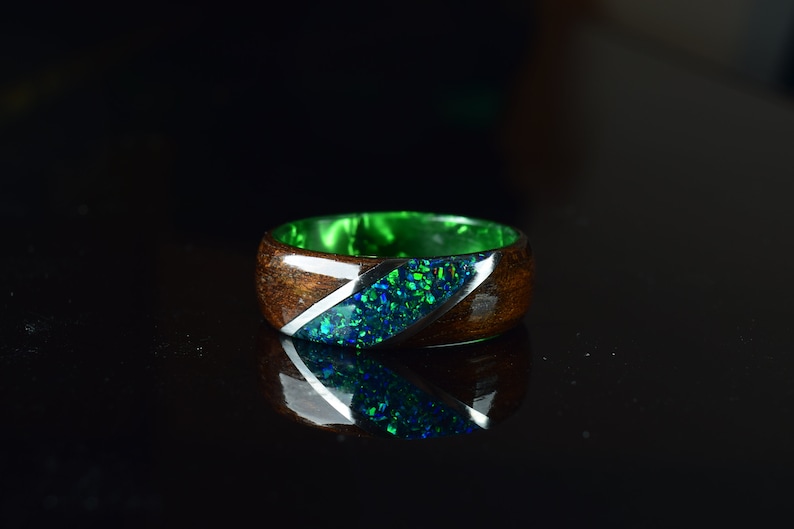 Fumed Eucalyptus with Crushed Dark Green Opal and Stainless Steel on Dark Green Core Bentwood Ring, Wood Ring for Men, Wood Ring image 2